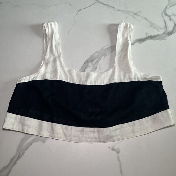 Haute Hippie Crop Top Classic Black Cream Linen Blend Color Block Sleeveless XL - Picture 1 of 8